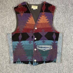 Vintage Aztec Denim Vest Mens Medium New River Made in the USA Artsy Biker
